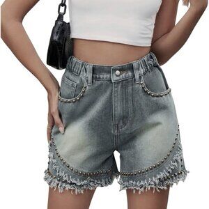 Women Studded Denim Shorts Size L High Elastic Waist Decorated Studs Frayed Hem